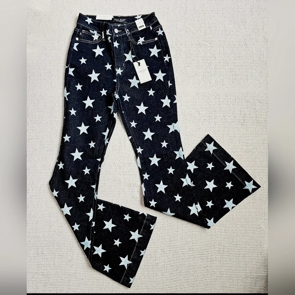 Judy Blue HR Dark Wash Star Print Flare Jeans Classic Americana Various NEW